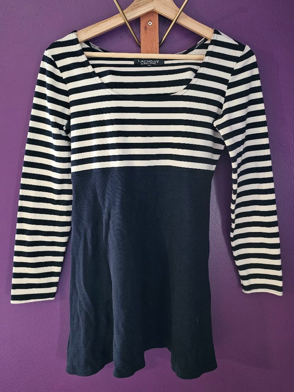 Laundry by Shelli Segal Striped Long Sleeve Dress Medium B&W Fit Flare
